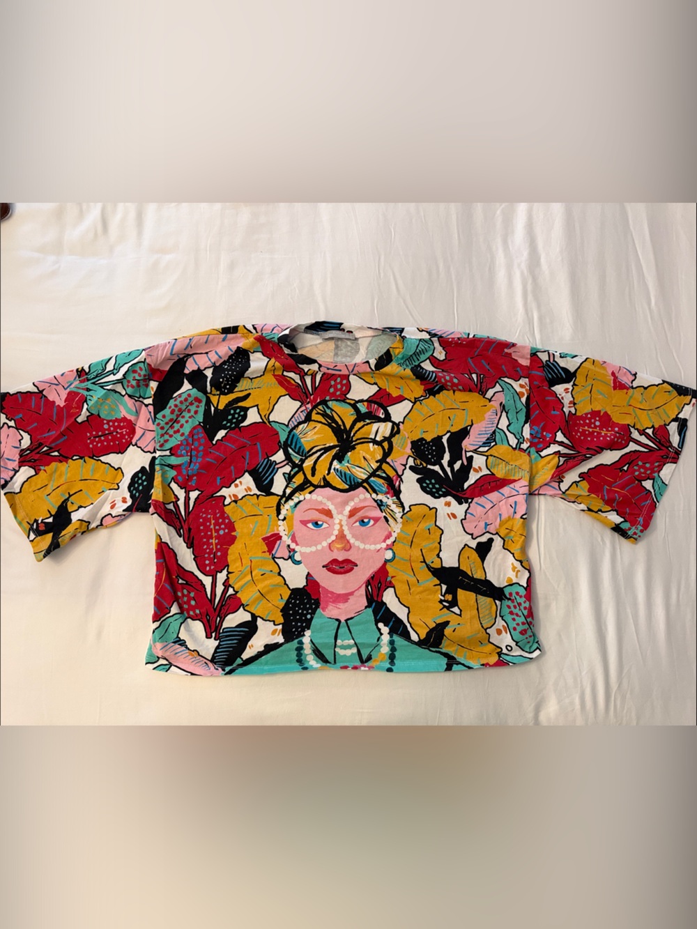 Zara Multi-Color Tropical Portrait Short Sleeve Top
